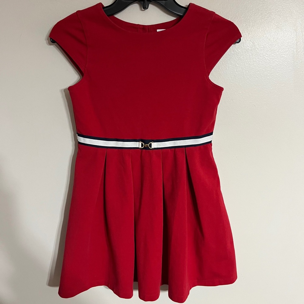 Janie and Jack Girls Red Ponte Pleated Dress Gold Horsebit Nautical Size 10